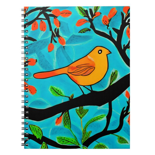 Cuaderno Pájaro pequeño Naranja en una rama florida (Frente)