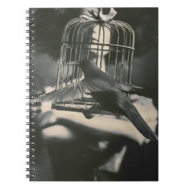 Cuaderno Pájaro y dama enjaulados surrealistas en blanco y