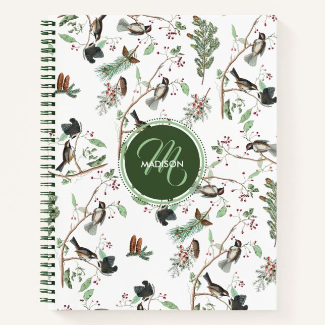 Cuaderno Pájaros Carboneros Bayas & Piñas Monogramadas (Anverso)