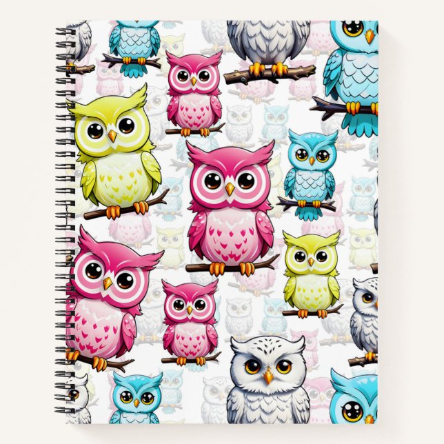 Cuaderno Pájaros de búhos coloridos patrón de fondo blanco  (Anverso)