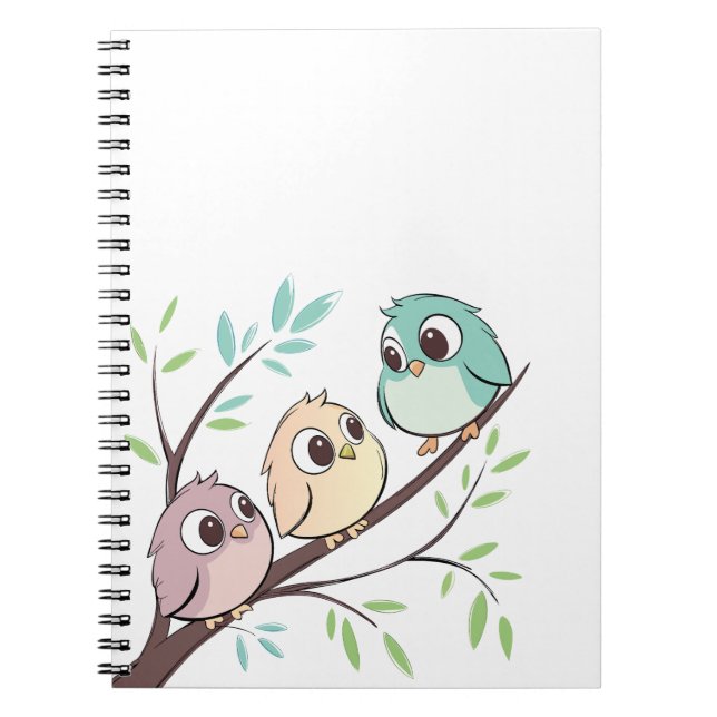 Cuaderno Pájaros de Dibujos Animados Lindos en Rama de Árbo (Frente)