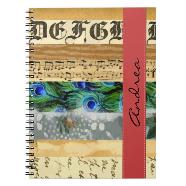 Cuaderno Pájaros de pavo real, flores, hojas, tu nombre (Frente)
