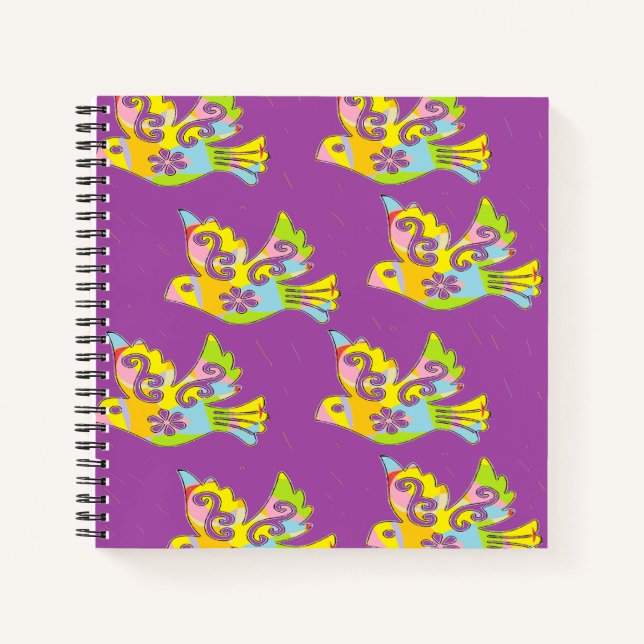 Cuaderno pájaros decorativos sobre morado (Anverso)