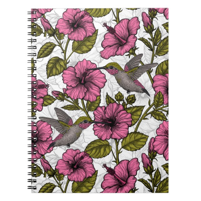 Cuaderno Pájaros húmedos y flores de hibisco rosa (Frente)