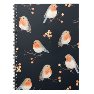 Cuaderno Pájaros Robin y berries rowan en ramas secas, mar