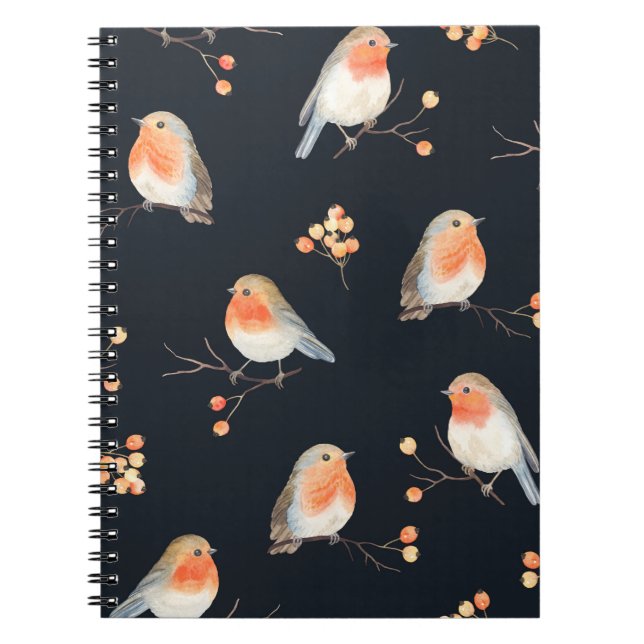 Cuaderno Pájaros Robin y berries rowan en ramas secas, mar (Frente)