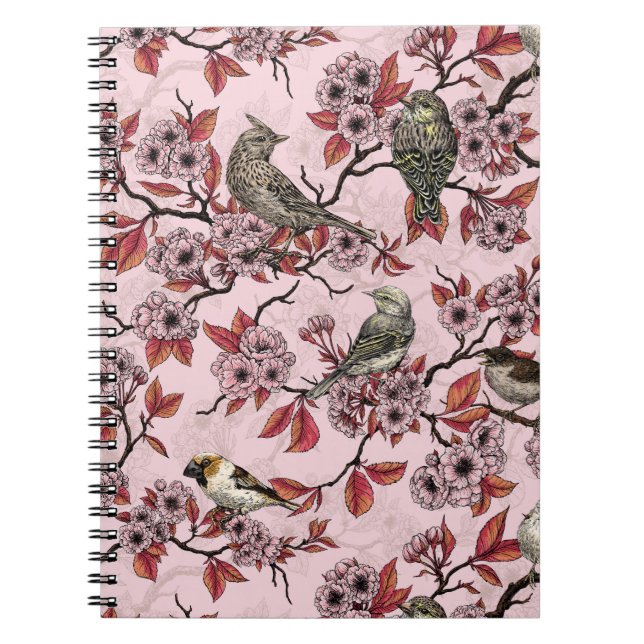 Cuaderno Pájaros y flor de cerezo sobre rosa salmón (Frente)