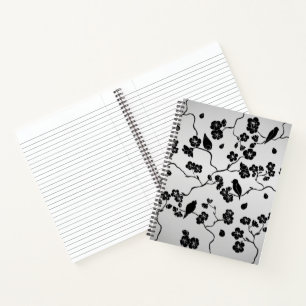 Cuaderno Pájaros y flores de cerezo con patrón negro sobre