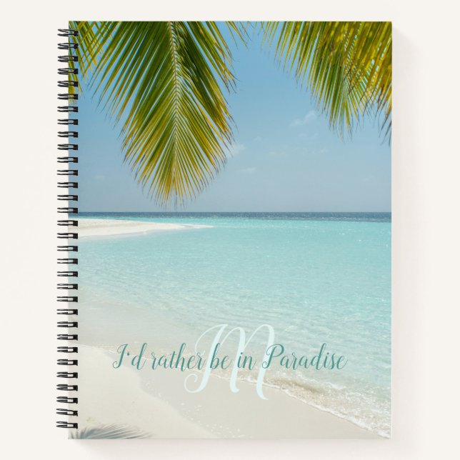 Cuaderno Palm de tipografía turquesa de playa de arena trop (Anverso)