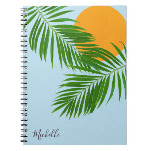 Cuaderno Palm Sun Tropical Retro Nombre mínimo azul