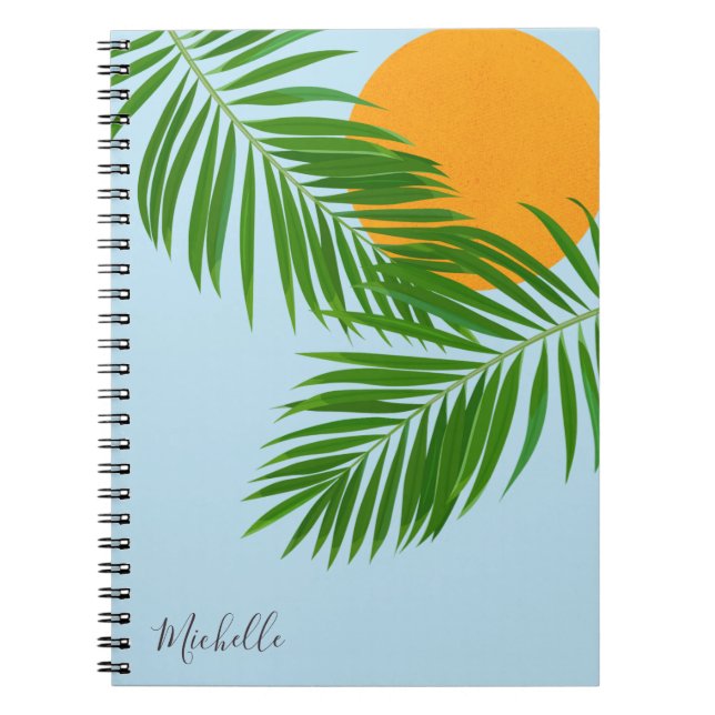 Cuaderno Palm Sun Tropical Retro Nombre mínimo azul (Frente)