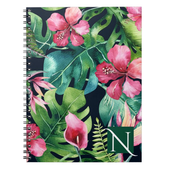 Cuaderno Palma tropical oscura deja isla floral de Hibiscus (Frente)
