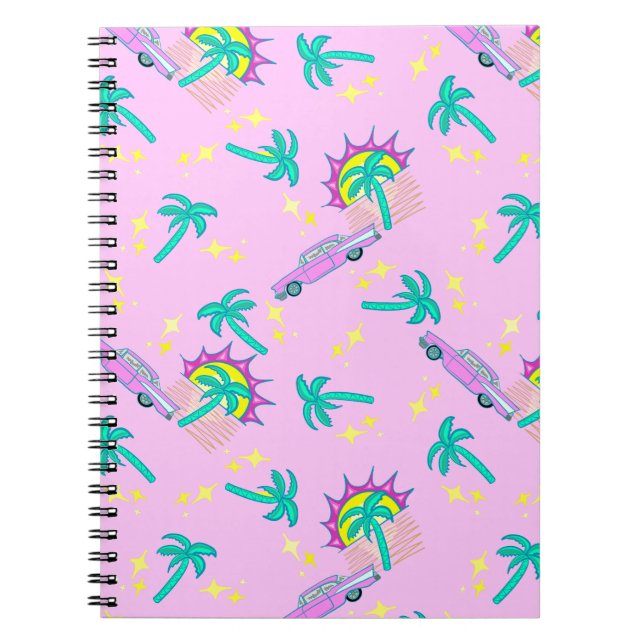 Cuaderno palmeras retro rosadas y coche (Frente)