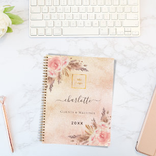 Cuaderno Pampas hierba rosa flores doradas logo empresarial