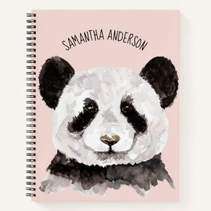 Cuaderno Panda moderno de acuarela con nombre y rosa pastel