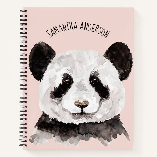 Cuaderno Panda moderno de acuarela con nombre y rosa pastel (Anverso)