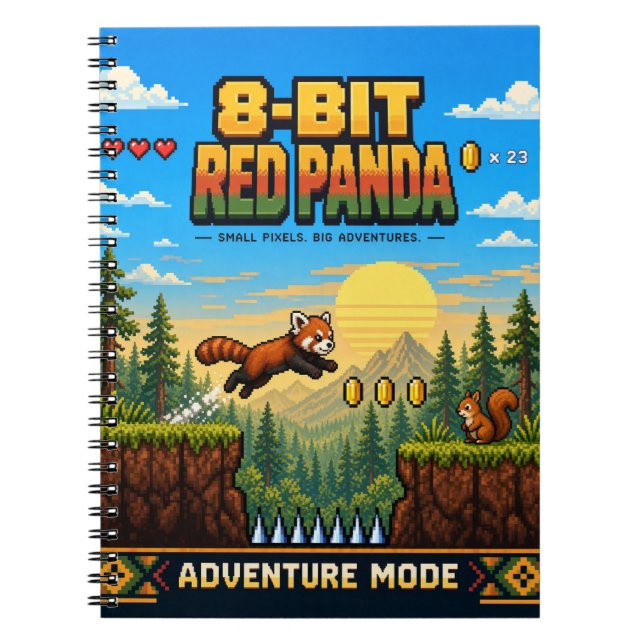 Cuaderno Panda Rojo, Arte de Pixel Retro de 8 Bits (Frente)