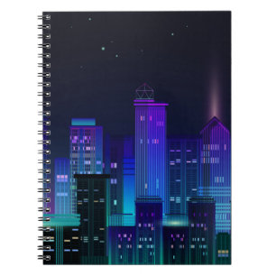 Cuaderno Panorama de la ciudad nocturna con neón resplandec