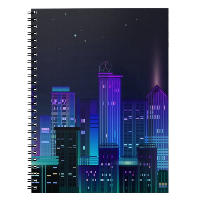 Cuaderno Panorama de la ciudad nocturna con neón resplandec (Frente)