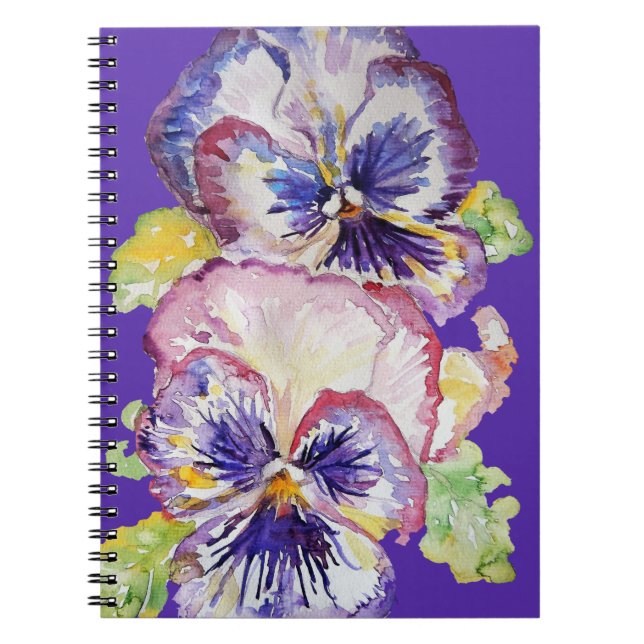 Cuaderno Pansy Watercolor Floral Pattern on Indigo Purple (Frente)