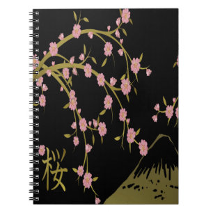 Cuaderno Pantalla Japonesa Rosa Sakura Dorado Negro