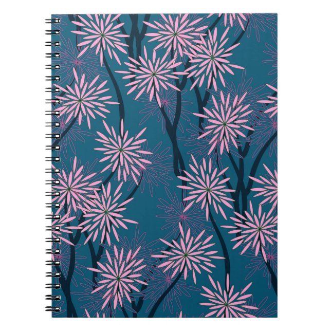 Cuaderno Papel de pared floral: azul marino asiático, rosa. (Frente)