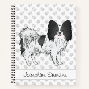 Cuaderno Papillon blanco y negro Perro lindo con texto pers