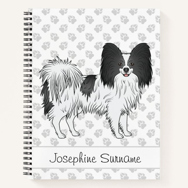 Cuaderno Papillon blanco y negro Perro lindo con texto pers (Anverso)