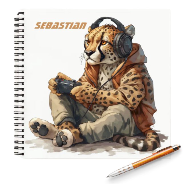 Cuaderno para Niños Jugador de Cheetah (Funny Cheetah wearing headphones and a hoodie playing video games kids personalized notebook)