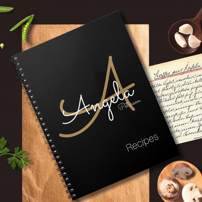 Cuaderno para recetas de chef un negro monogramado moderno (Subido por el creador)