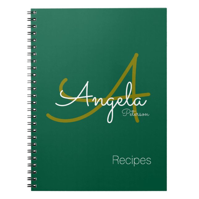 Cuaderno para recetas de chef un verde monogramado moderno (Frente)