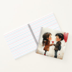 Cuaderno Pareja de acuarela adorable corazón globo aerostát
