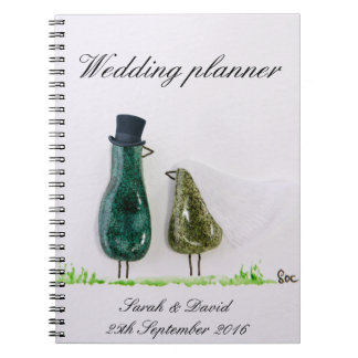Cuaderno Pareja de cerámica verde de boda dice 'pío' pájaro