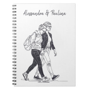 Cuaderno Pareja lesbiana personalizada Walking Line Art