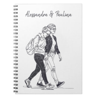 Cuaderno Pareja lesbiana personalizada Walking Line Art
