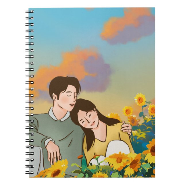 Cuaderno Pareja linda en un campamento de girasoles (Frente)