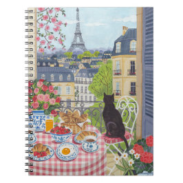 Cuaderno Paris Balcony Cat Breakfast Eiffel Tower Notebook