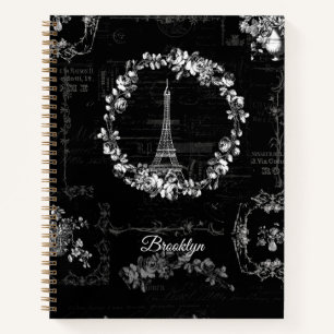 Cuaderno Paris Eiffel Tower Flores Vintage Ephemera Black