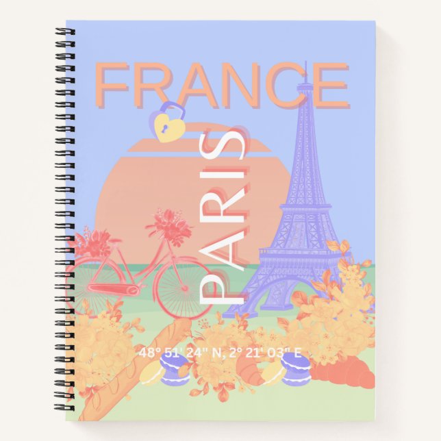 Cuaderno París, Francia, arte de viajes, Preppy, Pastel, Az (Anverso)