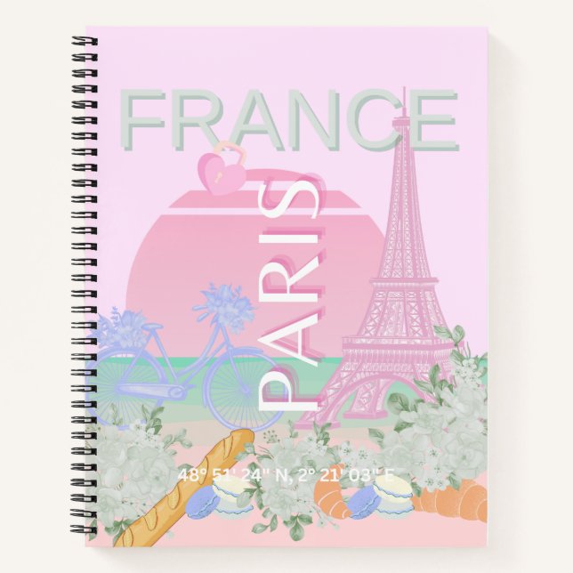 Cuaderno París, Francia, Viajes, Preppy, Pastel, Rosa (Anverso)