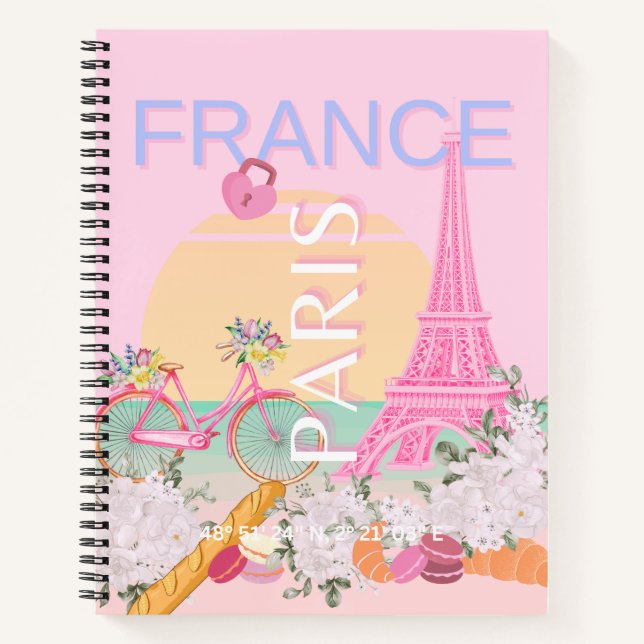 Cuaderno París, Francia, Viajes, Preppy, Pastel, Rosa (Anverso)