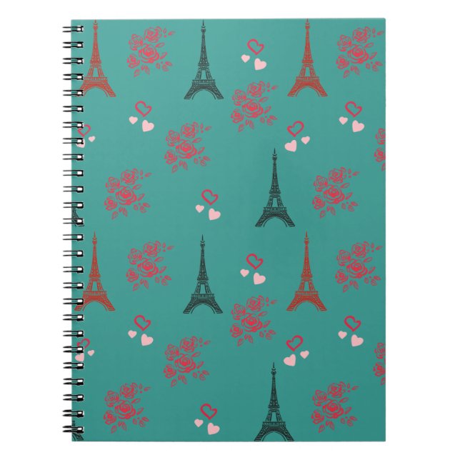 Cuaderno Paris Love Pattern – Eiffel Tower & Roses Seamless (Frente)