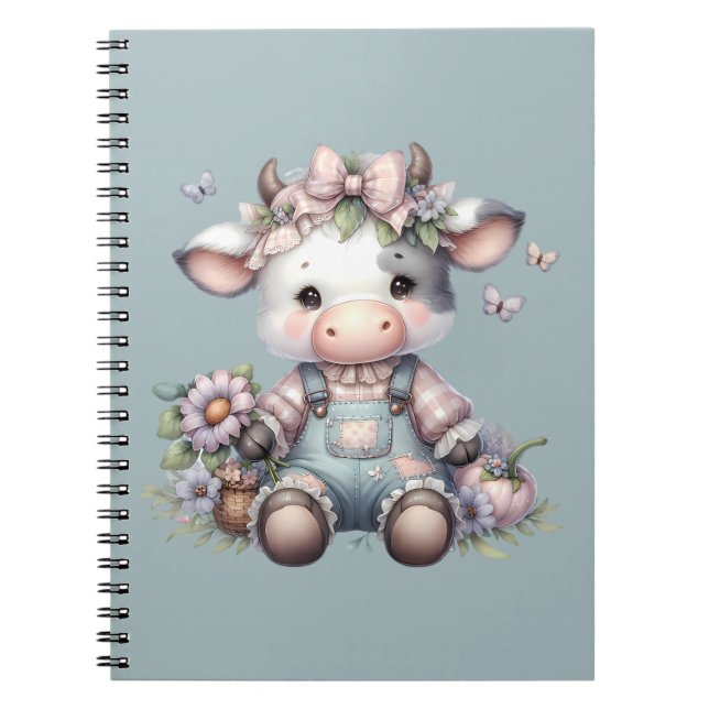 Cuaderno Pastel dulce de vaca bebé en overoles con flores (Frente)