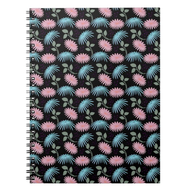 Cuaderno Pastel Floral Pattern on Black Background | Cute D (Frente)