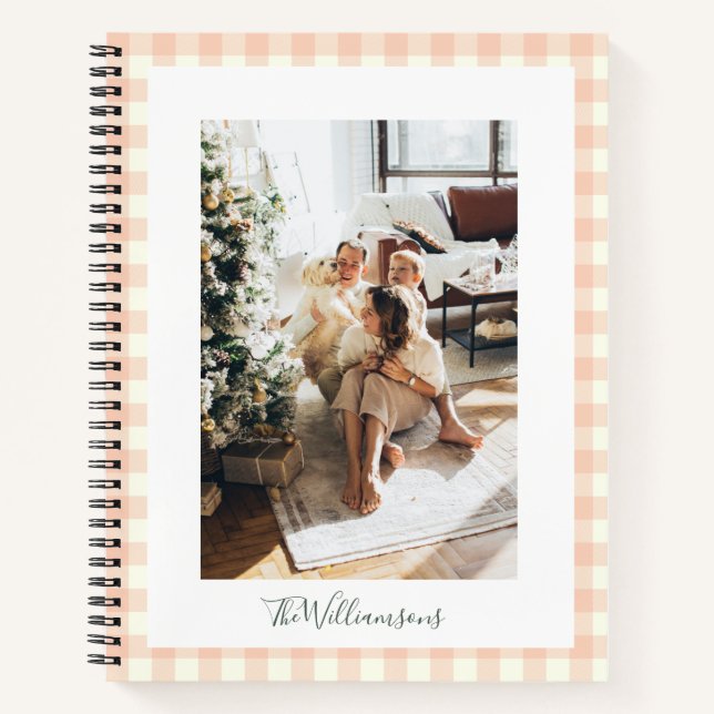 Cuaderno Pastel Peach Gingham Check Plaid Photo Name (Anverso)