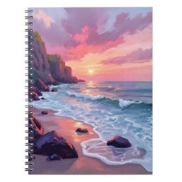 Cuaderno Pastel Pink Beach Sunset Ocean Waves Watercolor