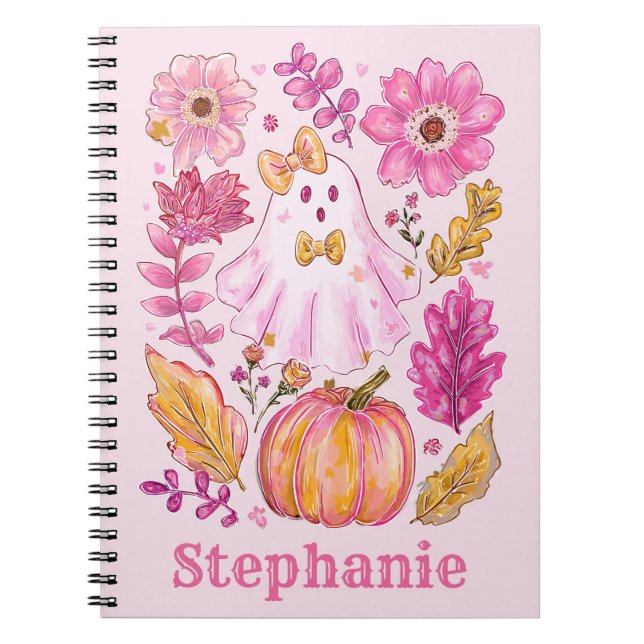 Cuaderno Pastel Pink Halloween Ghost with Custom Name (Frente)