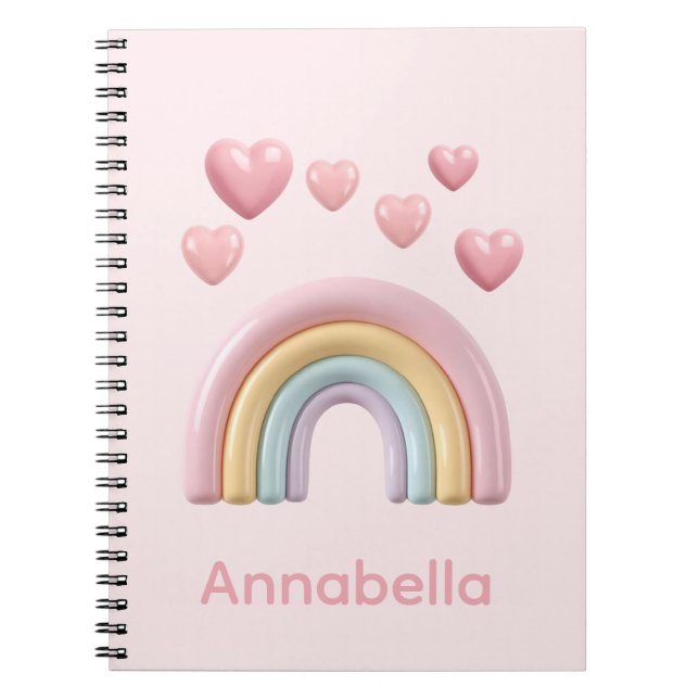 Cuaderno Pastel Rainbow and Hearts with Pink Custom Name (Frente)