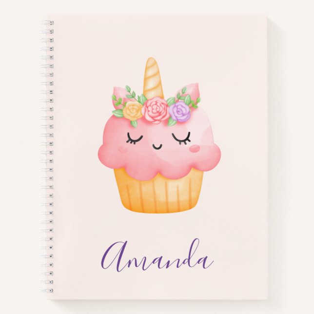 Cuaderno Pastel rosa dulce Unicornio con Rosas (Anverso)