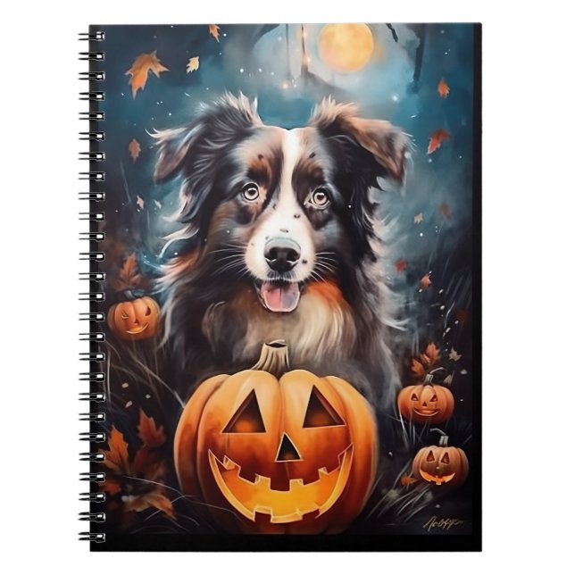 Cuaderno Pastor Australiano De Halloween Con Calabazas De M (Frente)